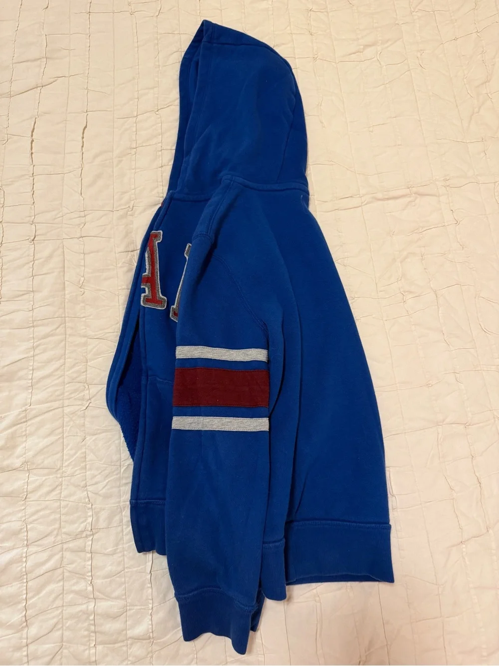 Boys GAP Royal Blue Hooded Zip Sweatshirt with Maroon & Gray Stripes Size 10-11